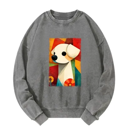 Tokyo-Tiger Retro Abstract Color Block Puppy Art Washed Sweatshirt