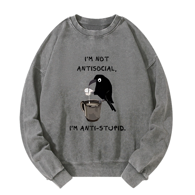 Tokyo-Tiger Cool Crow Sips Calm Coffee Alone Washed Sweatshirt