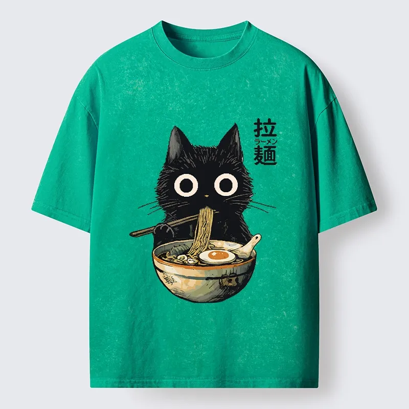 Tokyo-Tiger Funny Cat Ramen Feast Washed T-Shirt