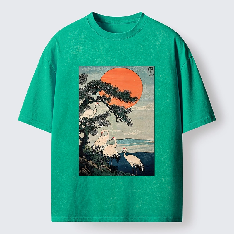 Tokyo‑Tiger Pine Crane Sunrise Washed T‑Shirt