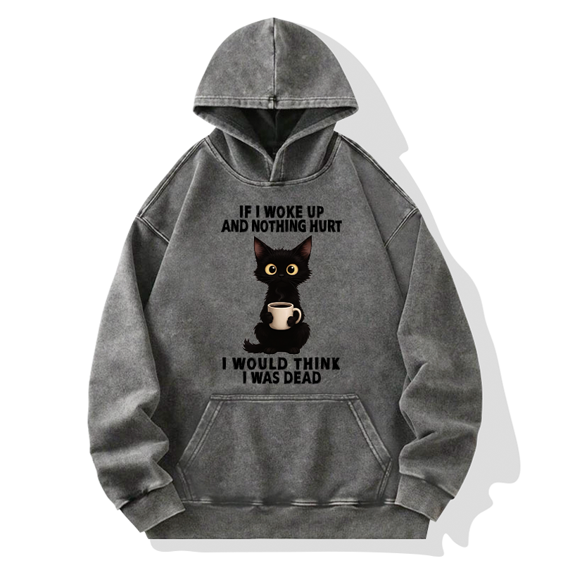 Tokyo-Tiger Funny Black Cat And Coffee Meme Washed Hoodie