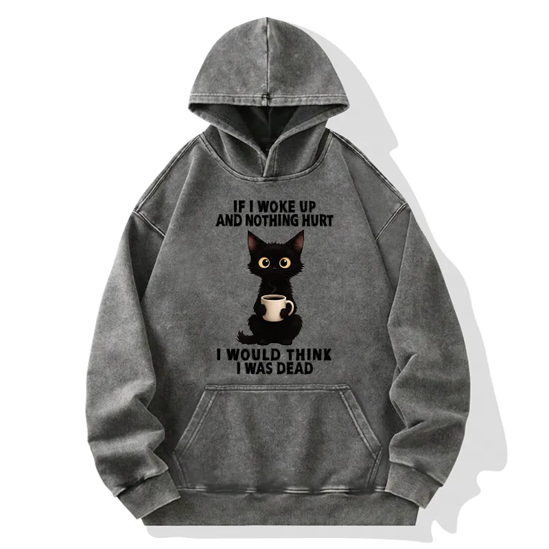 Tokyo-Tiger Funny Black Cat And Coffee Meme Washed Hoodie