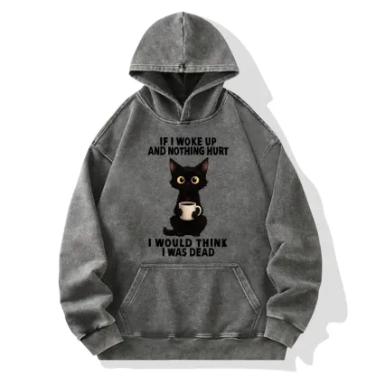 Tokyo-Tiger Funny Black Cat And Coffee Meme Washed Hoodie