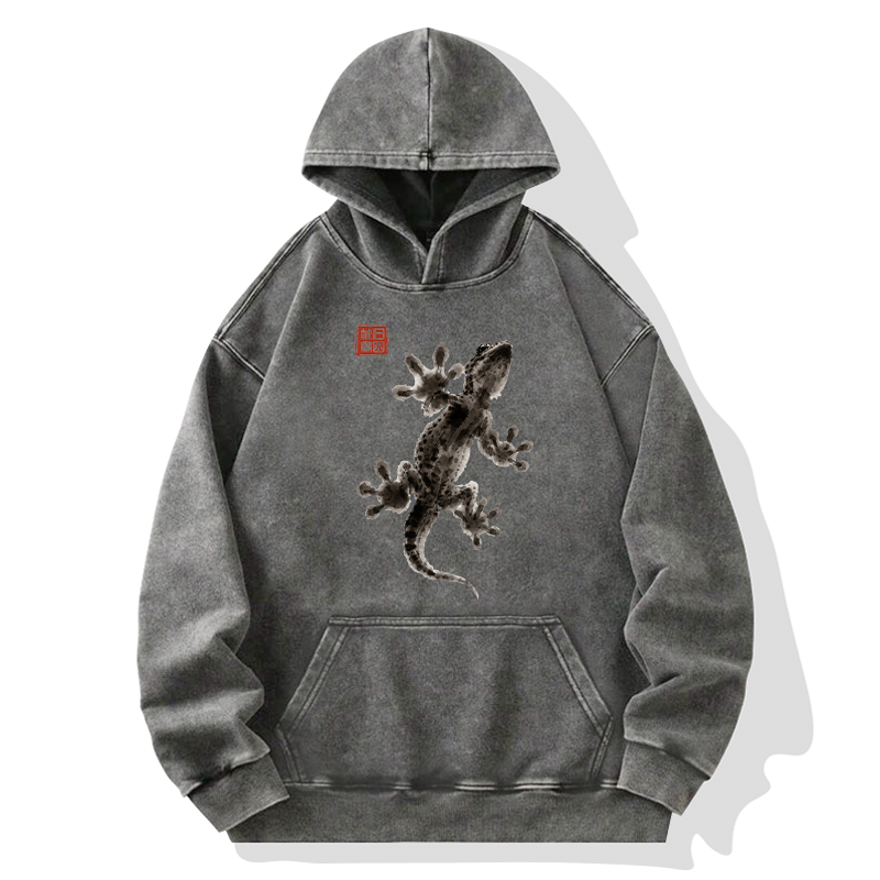 Tokyo-Tiger Minimal Asian Ink Brush Gecko Vibe Washed Hoodie