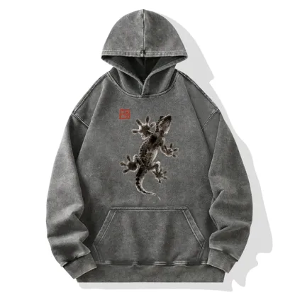 Tokyo-Tiger Minimal Asian Ink Brush Gecko Vibe Washed Hoodie