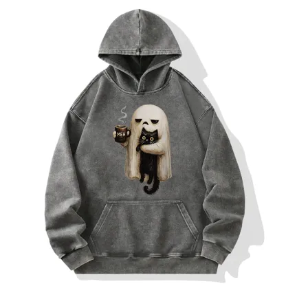 Tokyo-Tiger Ghost Cat Coffee Mood Washed Hoodie