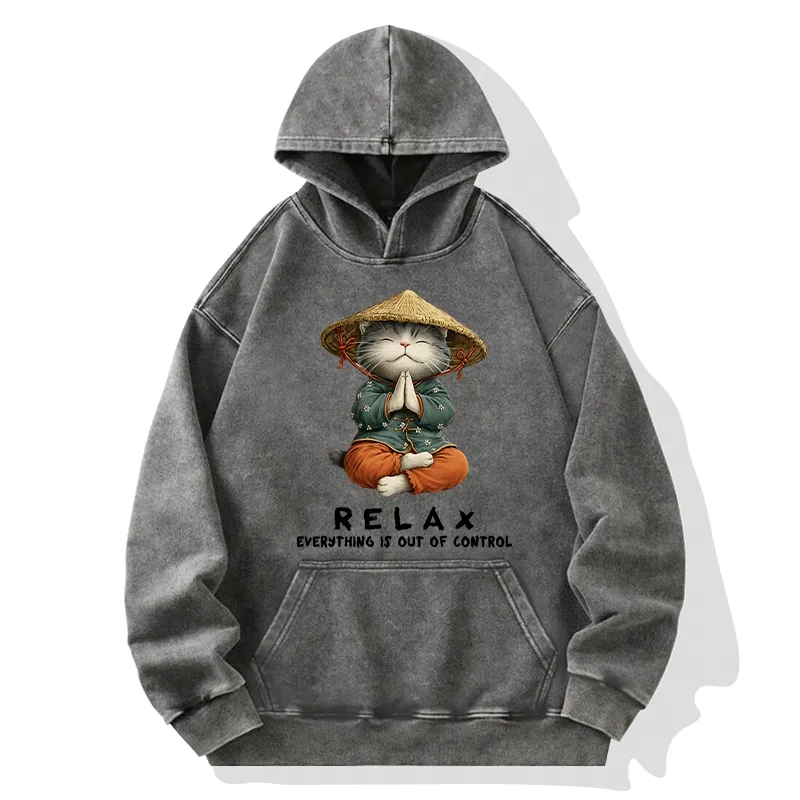 Tokyo-Tiger Zen Relax Cat Graphic Washed Hoodie