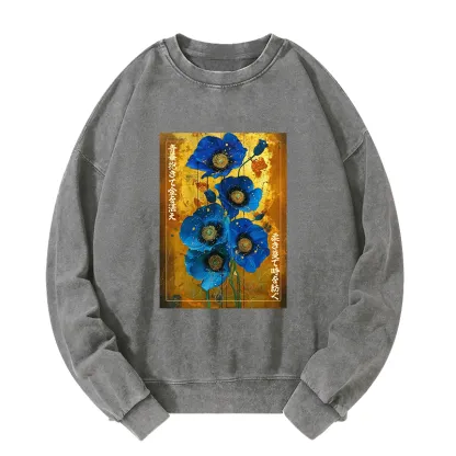 Tokyo-Tiger Shiny Blue Flower Warm Golden Background Washed Sweatshirt