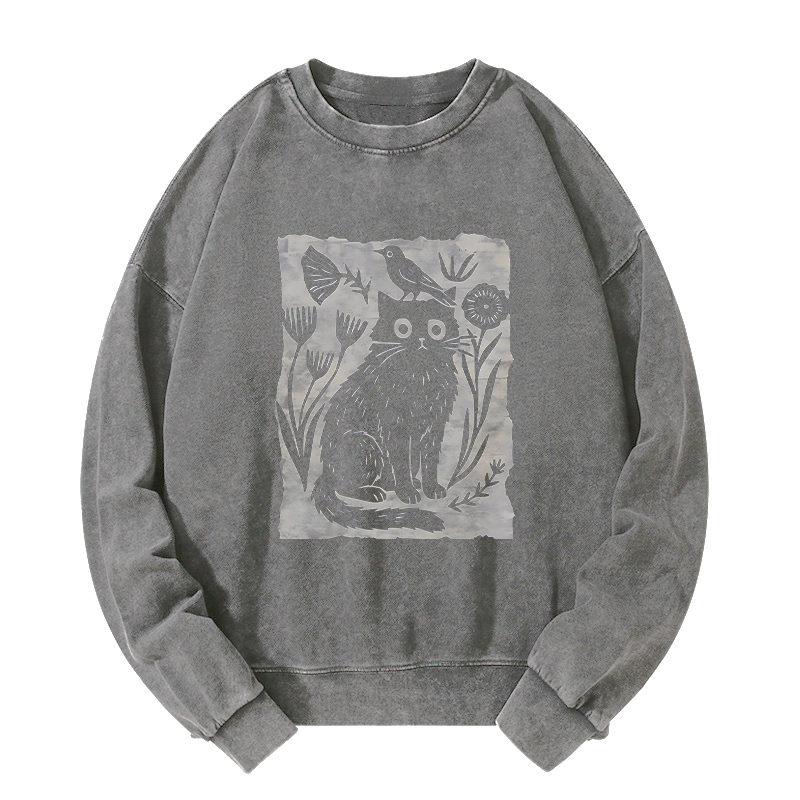 Tokyo-Tiger Folk Paper Cut Cat Bird Floral Art Washed Sweatshirt
