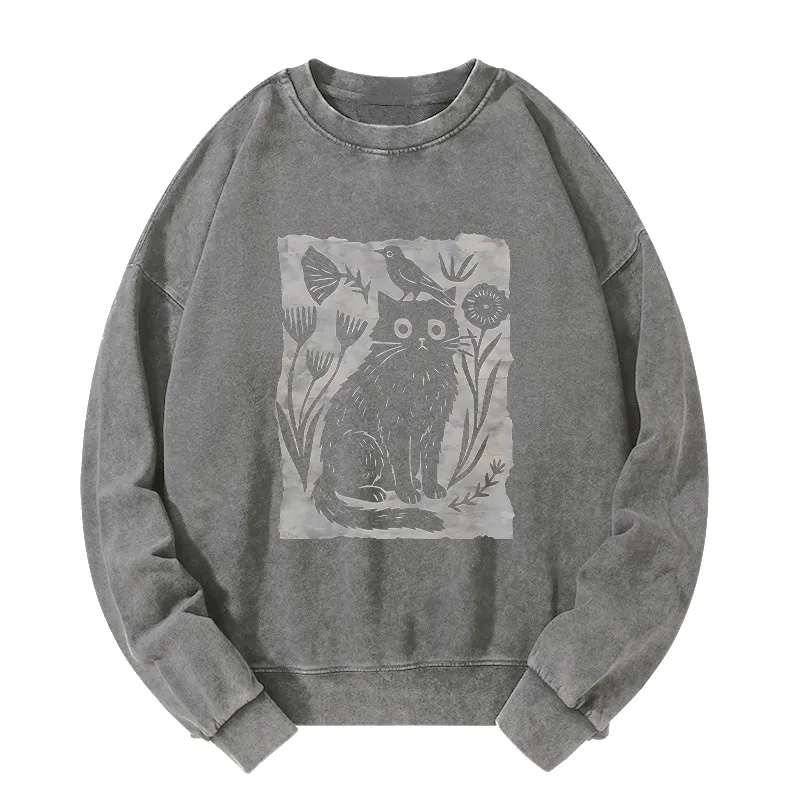 Tokyo-Tiger Folk Paper Cut Cat Bird Floral Art Washed Sweatshirt