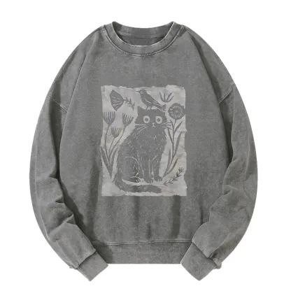 Tokyo-Tiger Folk Paper Cut Cat Bird Floral Art Washed Sweatshirt
