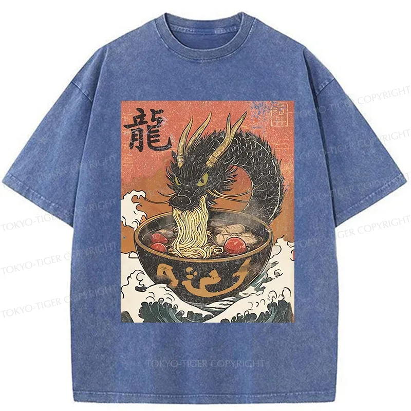 Tokyo-Tiger Dragon Eating Delicious Ramen Washed T-Shirt