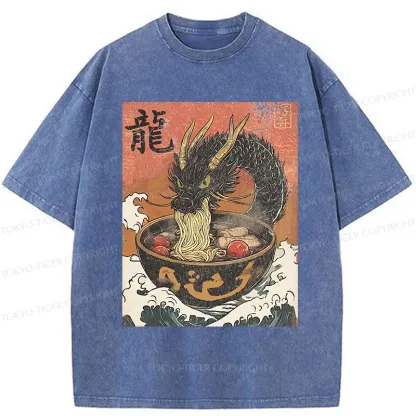 Tokyo-Tiger Dragon Eating Delicious Ramen Washed T-Shirt