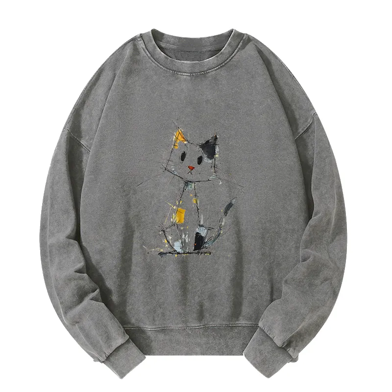 Tokyo-Tiger Minimal Splash Ink Cute Cat Washed Sweatshirt Sale