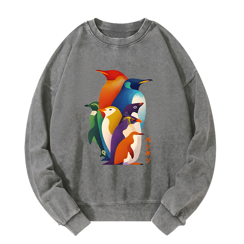 Tokyo-Tiger Cute Multi Tone Penguins Washed Sweatshirt