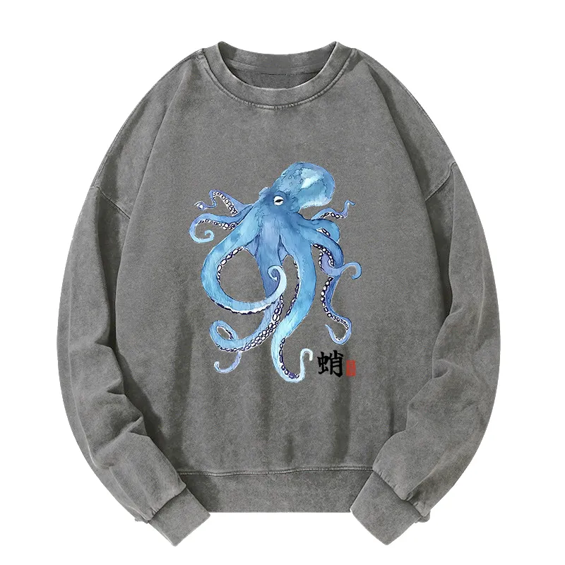Tokyo-Tiger Watercolor Blue Octopus Washed Sweatshirt