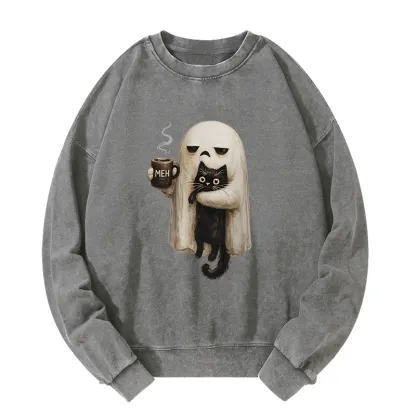 Tokyo-Tiger Ghost Cat Coffee Mood Washed Sweatshirt