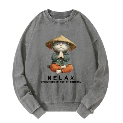 Tokyo-Tiger Zen Relax Cat Graphic Washed Sweatshirt