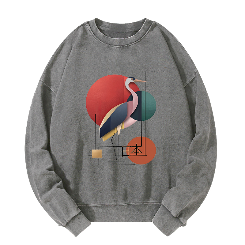 Tokyo-Tiger Geometric Crane Art Washed Sweatshirt