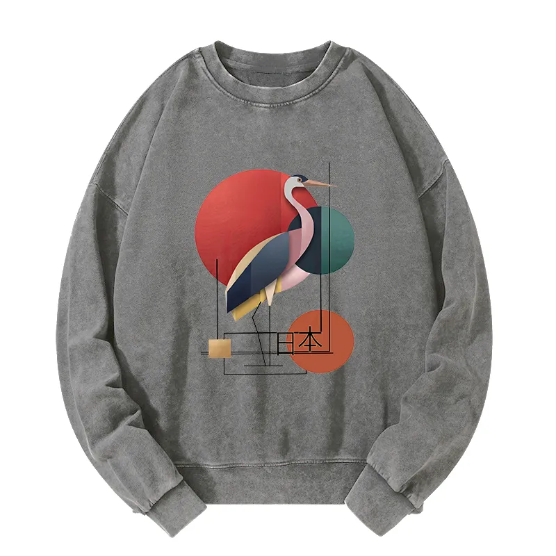 Tokyo-Tiger Geometric Crane Art Washed Sweatshirt