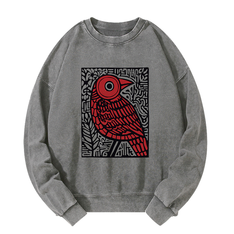 Tokyo-Tiger Retro Woodblock Bird Washed Sweatshirt