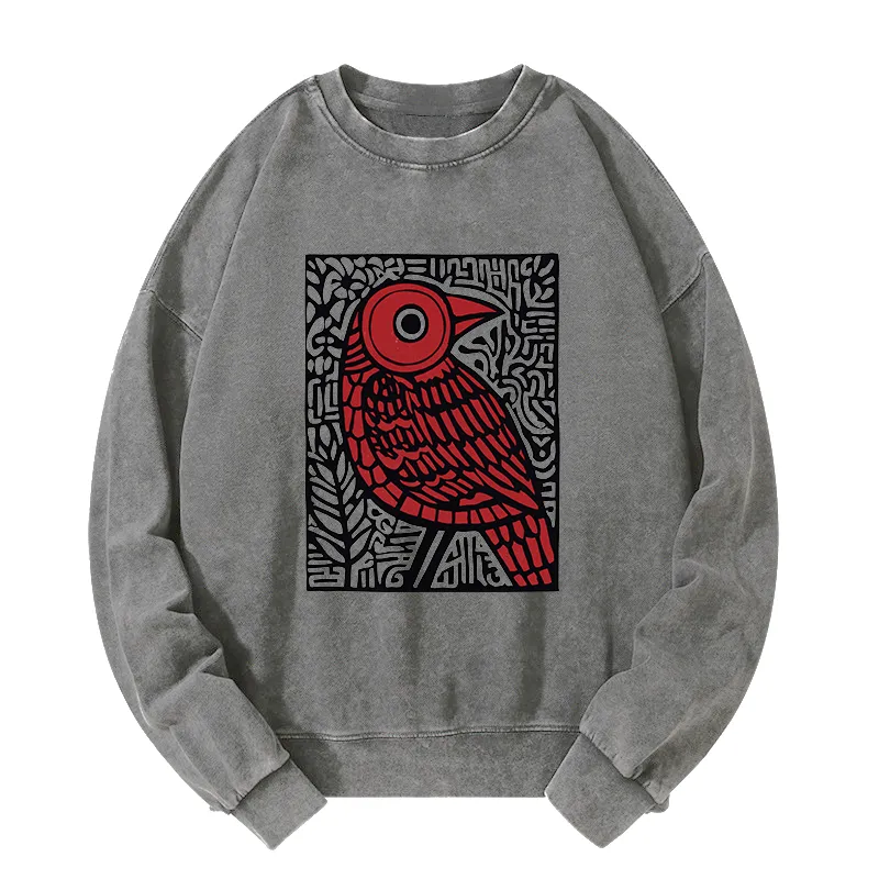 Tokyo-Tiger Retro Woodblock Bird Washed Sweatshirt