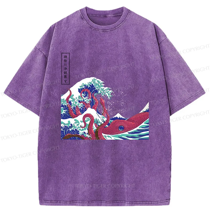 Tokyo-Tiger Octopus And Waves Washed T-Shirt