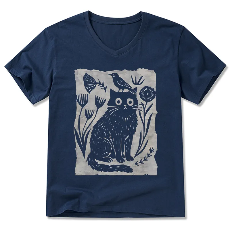 Tokyo-Tiger Folk Paper Cut Cat Bird Floral Art V-Neck Classic T-Shirt