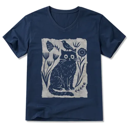Tokyo-Tiger Folk Paper Cut Cat Bird Floral Art V-Neck Classic T-Shirt