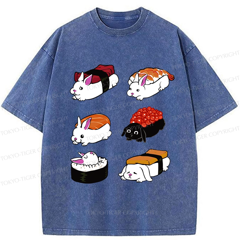 Tokyo-Tiger Cute Rabbit Sushi Washed T-Shirt