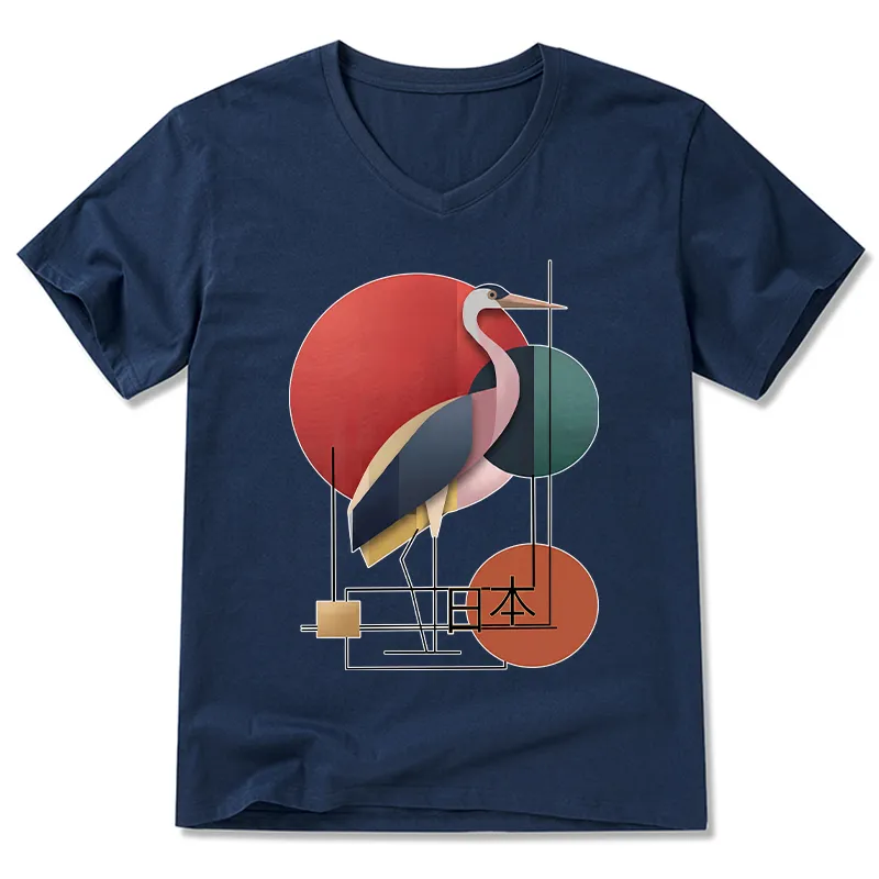 Tokyo-Tiger Geometric Crane Art V-Neck Classic T-Shirt