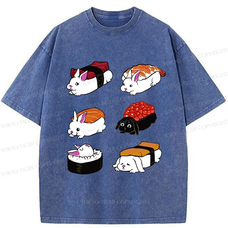 Tokyo-Tiger Cute Rabbit Sushi Washed T-Shirt