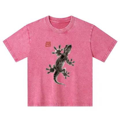 Tokyo-Tiger Minimal Asian Ink Brush Gecko Vibe Kids Washed T-Shirt