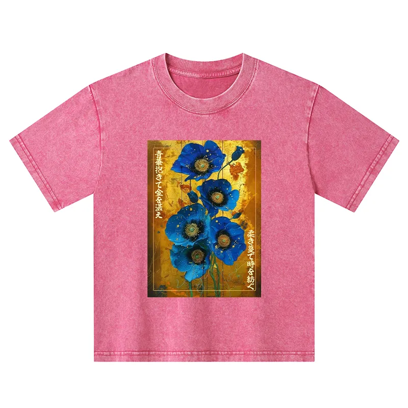 Tokyo-Tiger Shiny Blue Flower Warm Golden Background Kids Washed T-Shirt