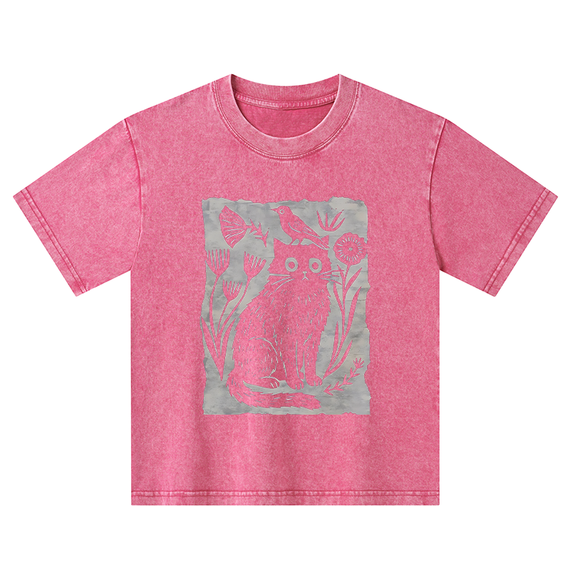 Tokyo-Tiger Folk Paper Cut Cat Bird Floral Art Kids Washed T-Shirt