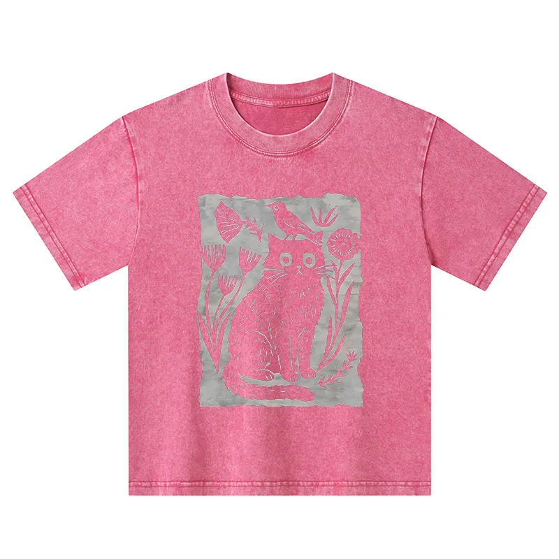 Tokyo-Tiger Folk Paper Cut Cat Bird Floral Art Kids Washed T-Shirt