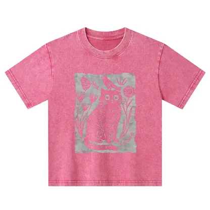 Tokyo-Tiger Folk Paper Cut Cat Bird Floral Art Kids Washed T-Shirt