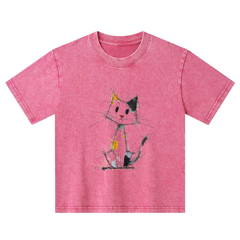 Tokyo-Tiger Minimal Splash Ink Cute Cat Kids Washed T-Shirt