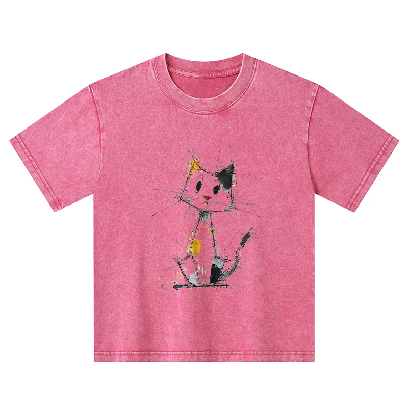 Tokyo-Tiger Minimal Splash Ink Cute Cat Kids Washed T-Shirt
