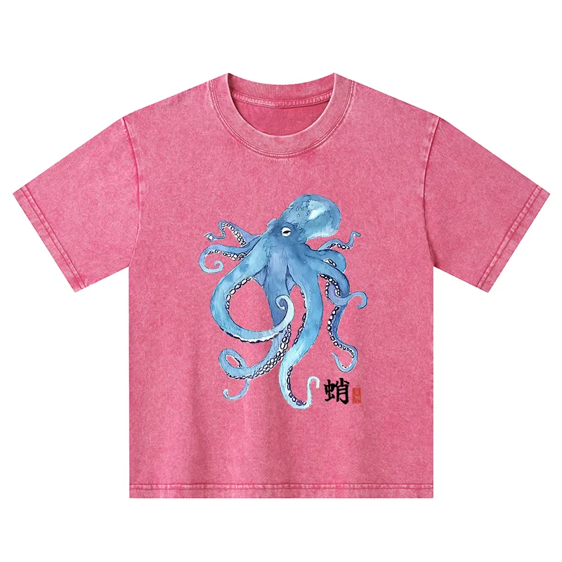 Tokyo-Tiger Watercolor Blue Octopus Kids Washed T-Shirt