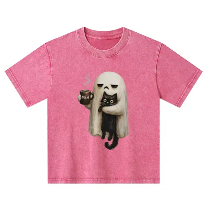 Tokyo-Tiger Ghost Cat Coffee Mood Kids Washed T-Shirt