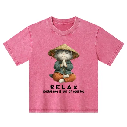 Tokyo-Tiger Zen Relax Cat Graphic Kids Washed T-Shirt