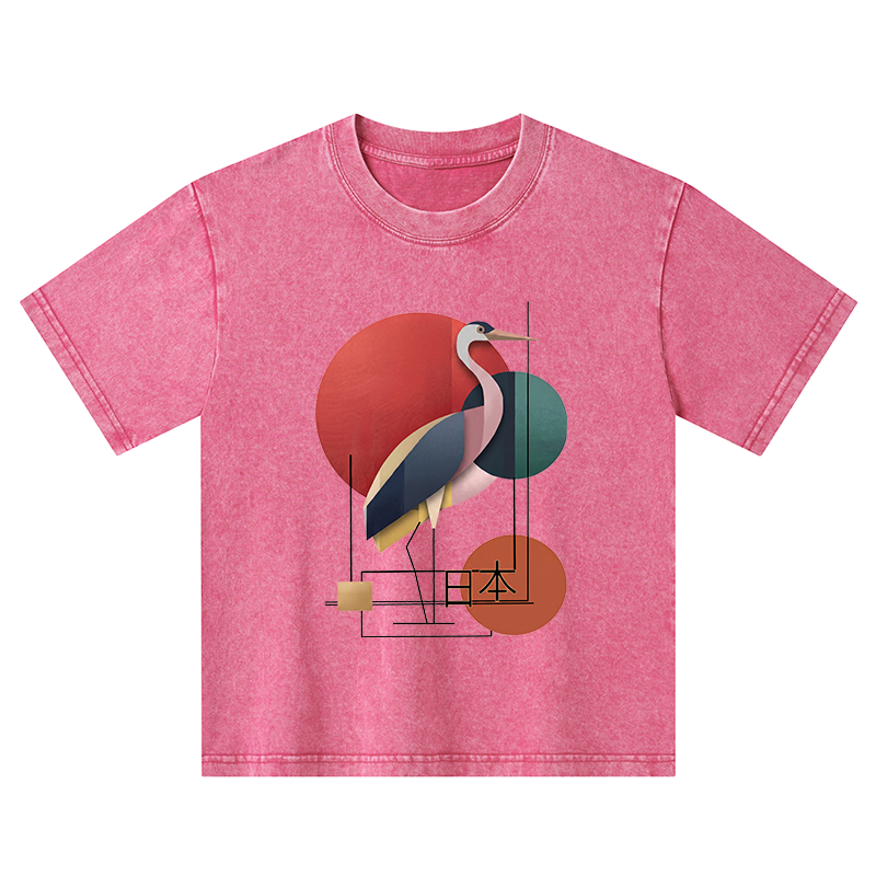 Tokyo-Tiger Geometric Crane Art Kids Washed T-Shirt
