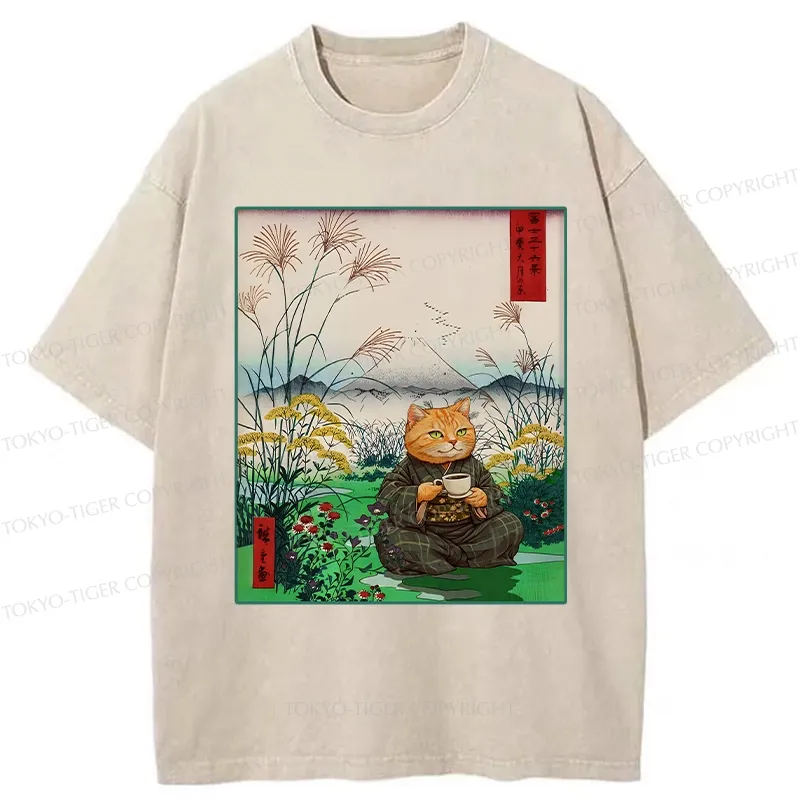 Tokyo-Tiger Cozy Cat Drinking Coffee Washed T-Shirt