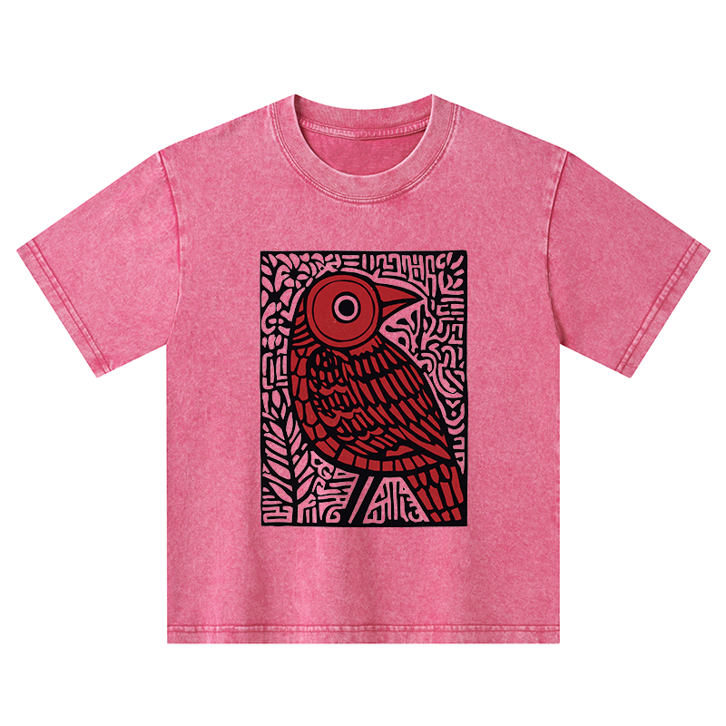 Tokyo-Tiger Retro Woodblock Bird Kids Washed T-Shirt