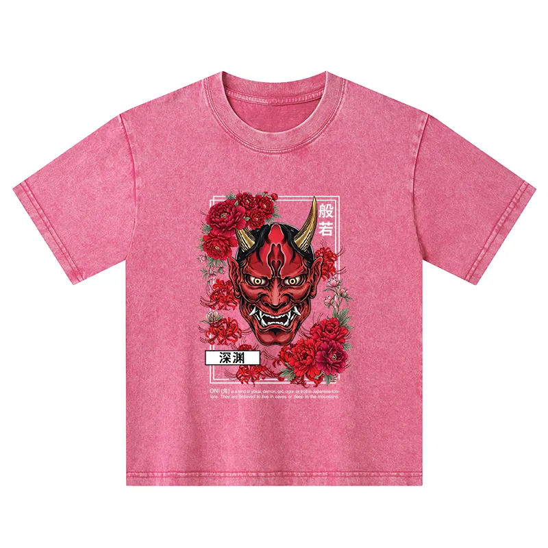 Tokyo-Tiger Cool Oni Floral Art Kids Washed T-Shirt Sale