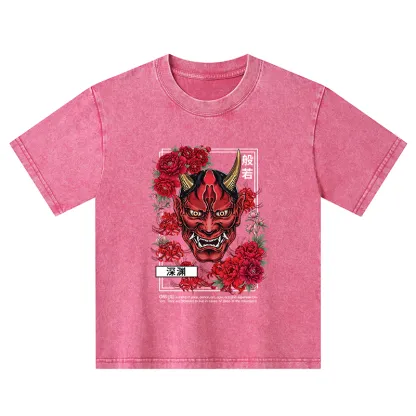 Tokyo-Tiger Cool Oni Floral Art Kids Washed T-Shirt