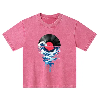 Tokyo-Tiger Vinyl Records And Waves Kids Washed T-Shirt