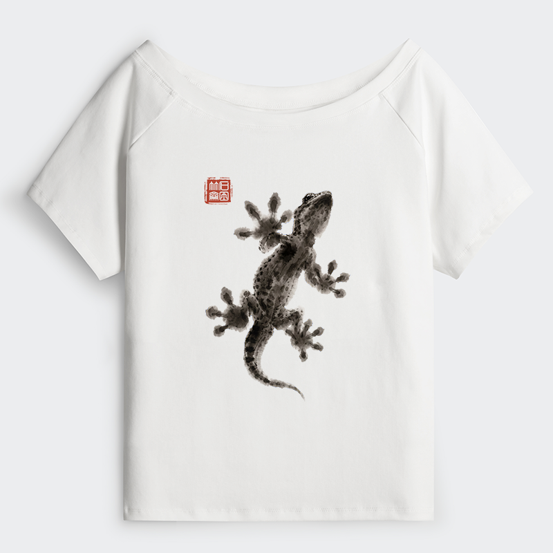 Tokyo-Tiger Minimal Asian Ink Brush Gecko Vibe Off Shoulder T-Shirt