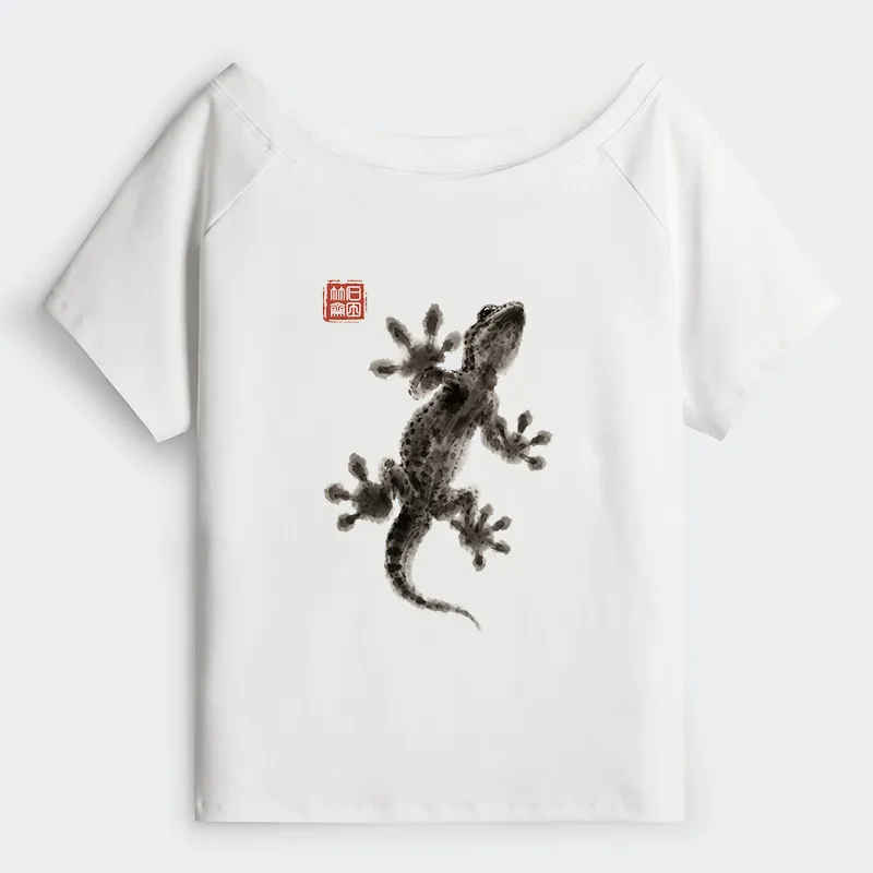 Tokyo-Tiger Minimal Asian Ink Brush Gecko Vibe Off Shoulder T-Shirt